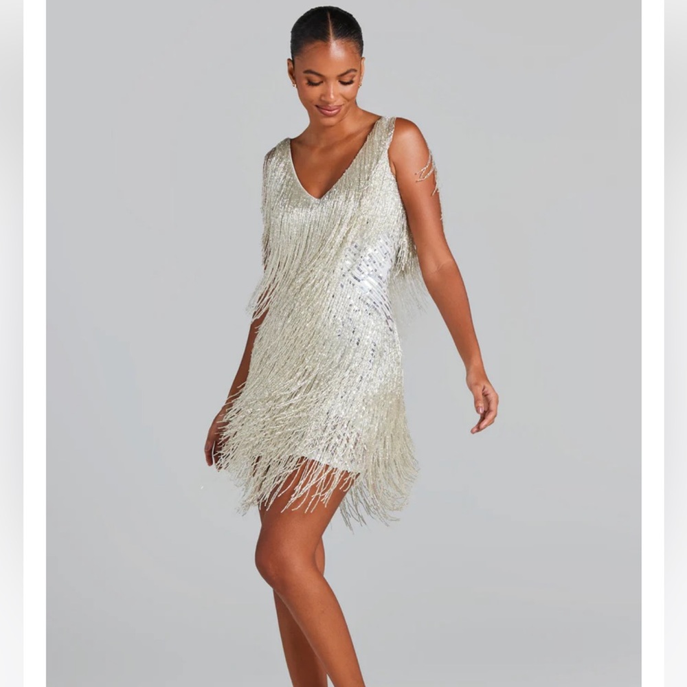 Nadine Merabi Sadie Silver dress. Worn once. Very beautiful beaded dress. Heavy - Picture 3 of 7